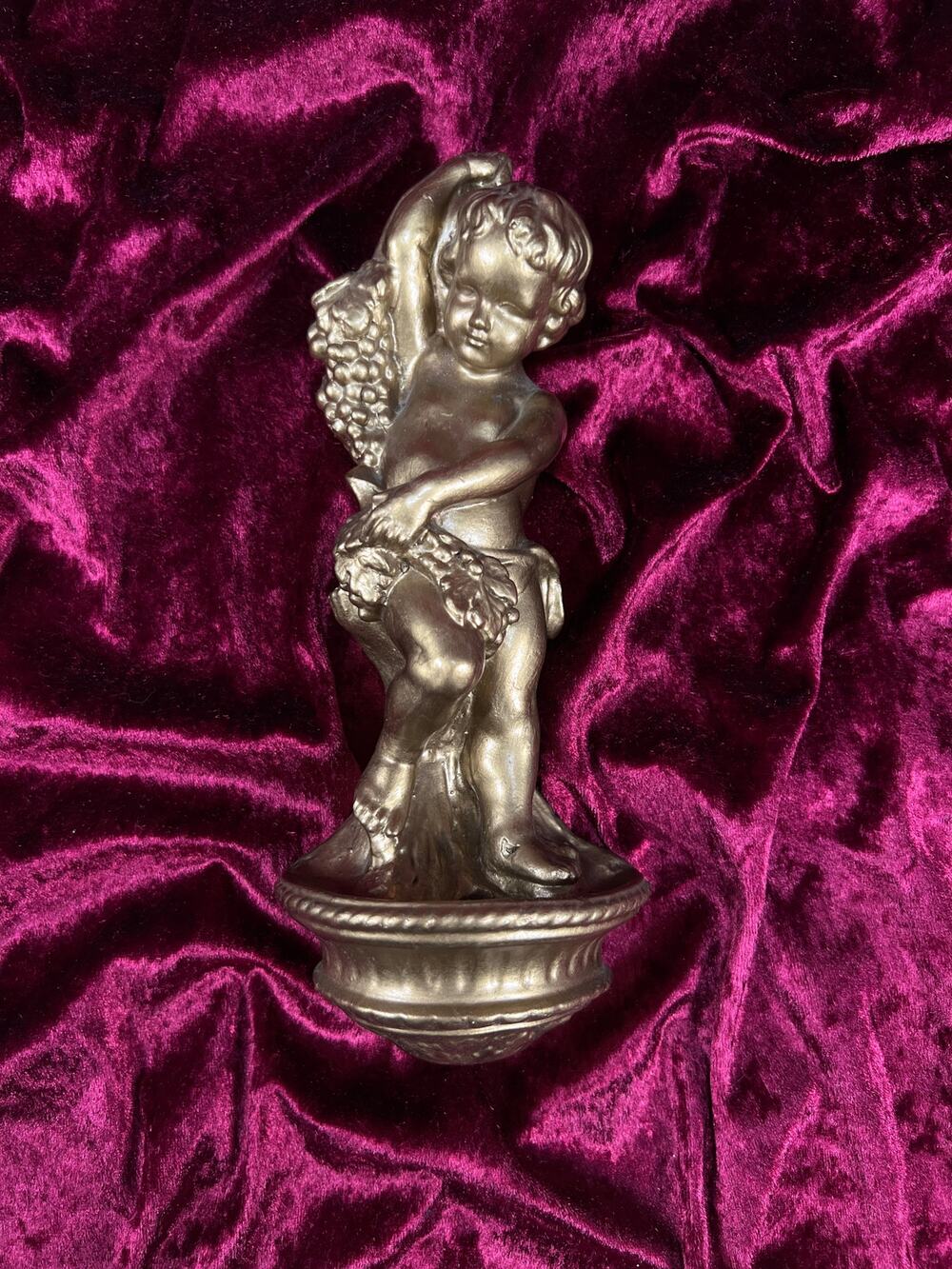 Vintage Chalkware Wall Sculpture – Cherub with Grapes Classical Figurine